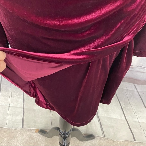 Alex Marie Long Sleeve Solid Mahogany Red Velvet Ruched Faux Wrap Dress V Neck - Picture 6 of 12